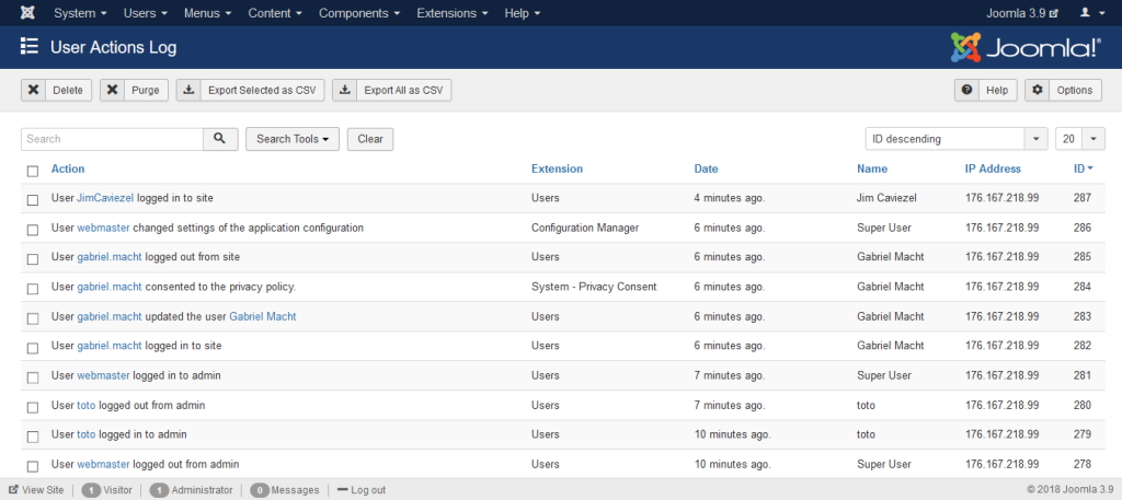 Joomla User Action Log